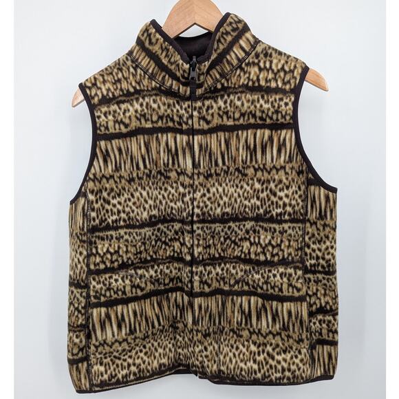 Kim Rogers Fleece Vest L Brown Animal Print Sleeveless Zip Jacket Cozy Fall - Picture 1 of 4